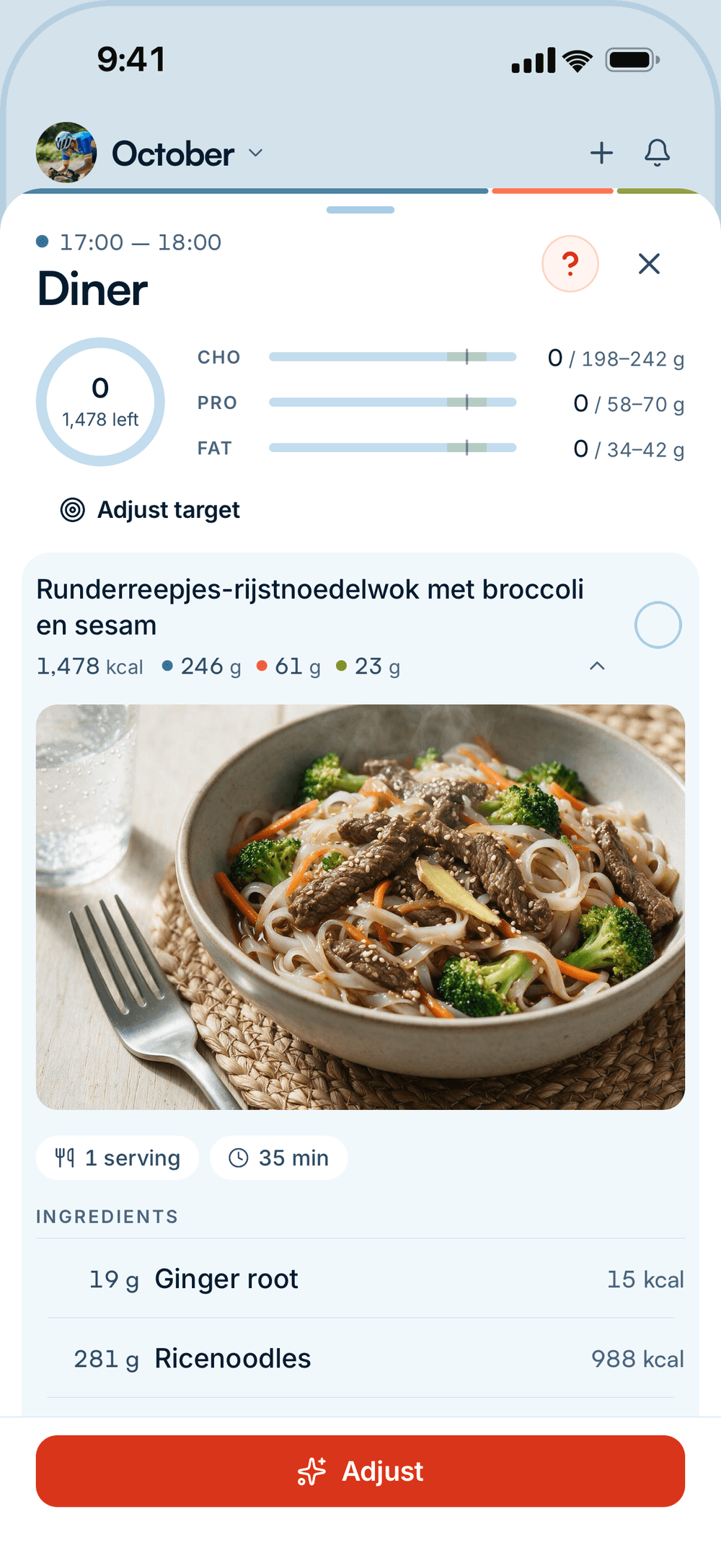 Dinner recipe with photo, ingredients in grams and an Adjust button