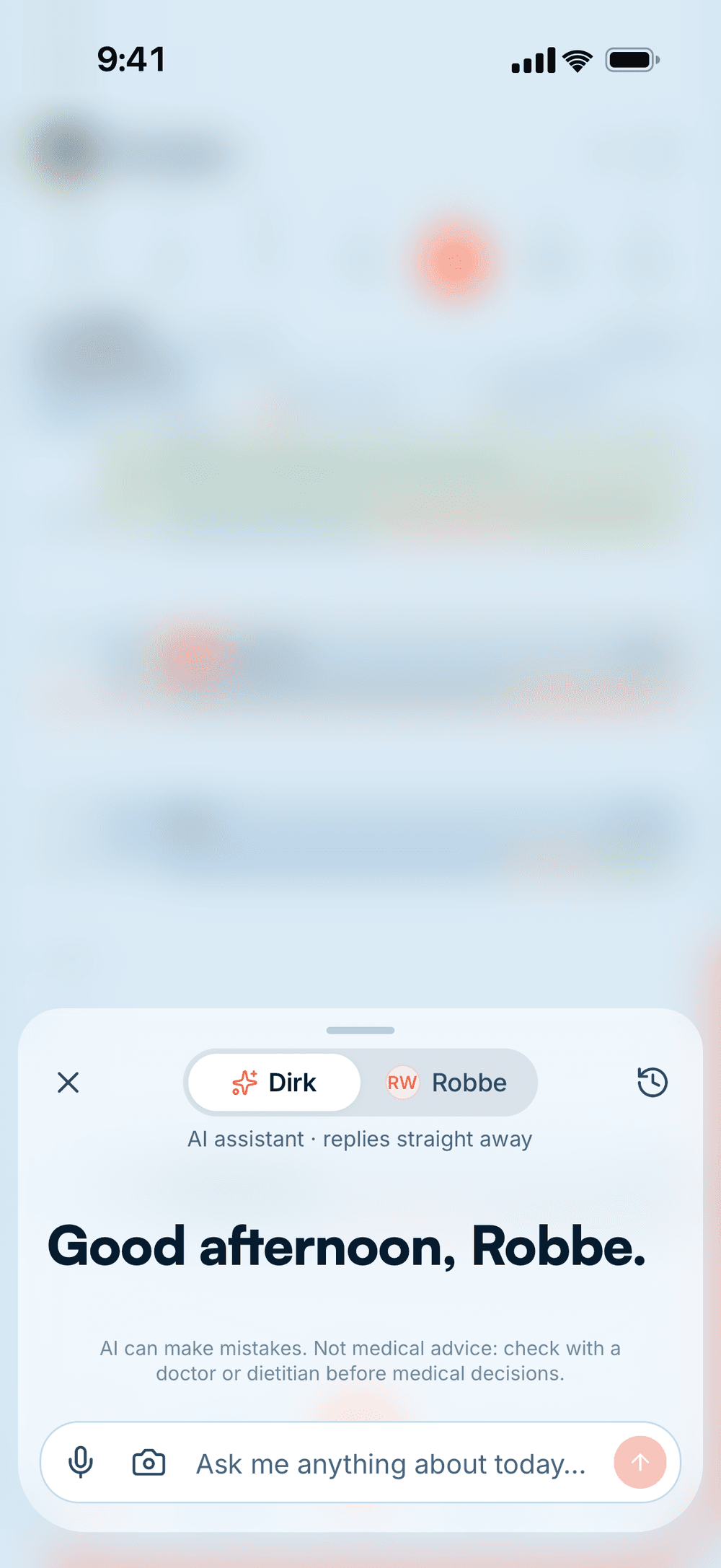Chat screen with a switch between Dirk, the AI assistant, and Robbe, the coach