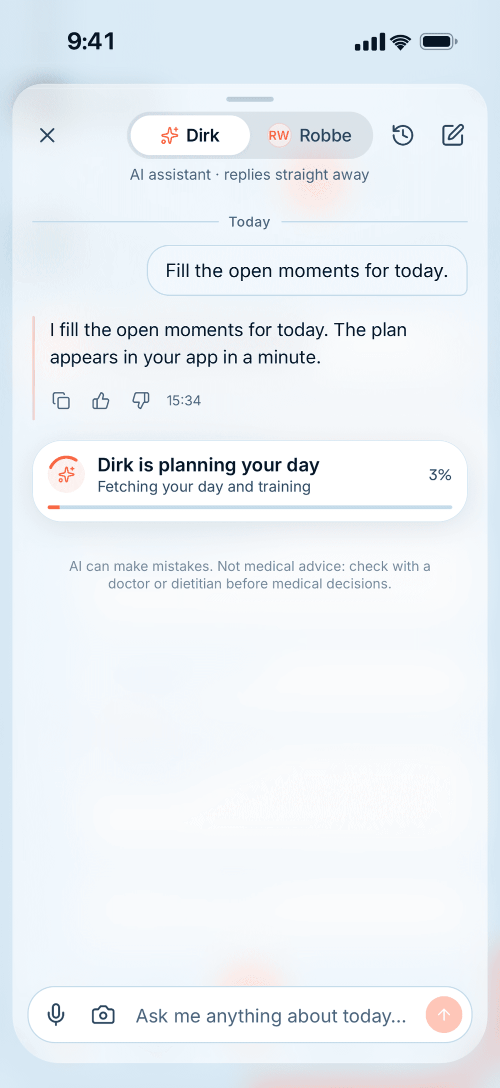Chat with AI coach Dirk: “Dirk is planning your day”