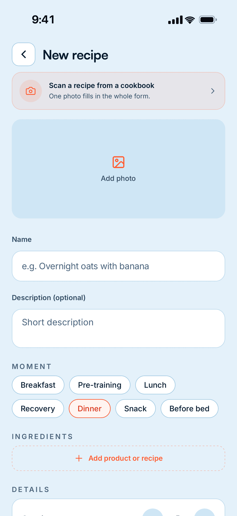 New recipe screen with “Scan a recipe from a cookbook”