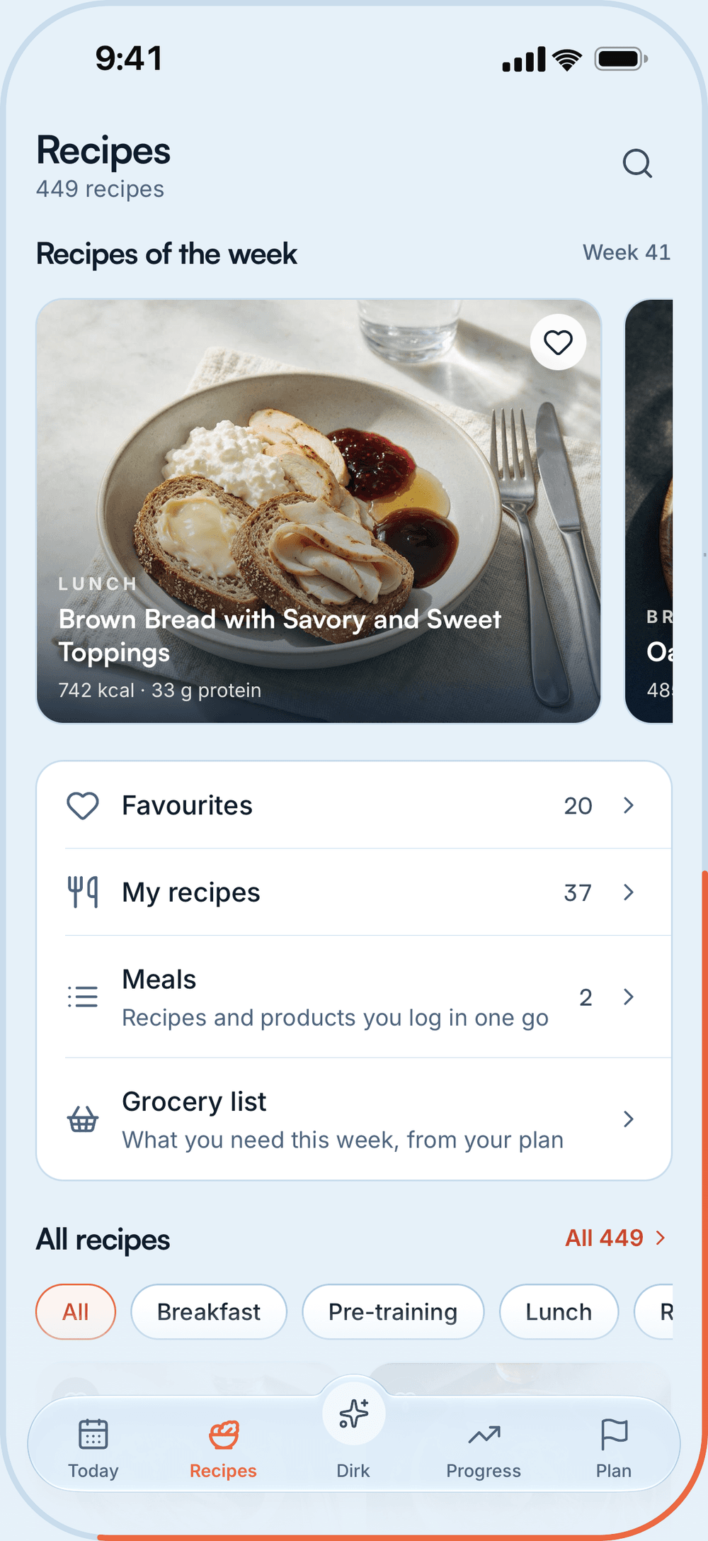 Recipes screen: 449 recipes, recipes of the week, favorites, your own recipes and the grocery list