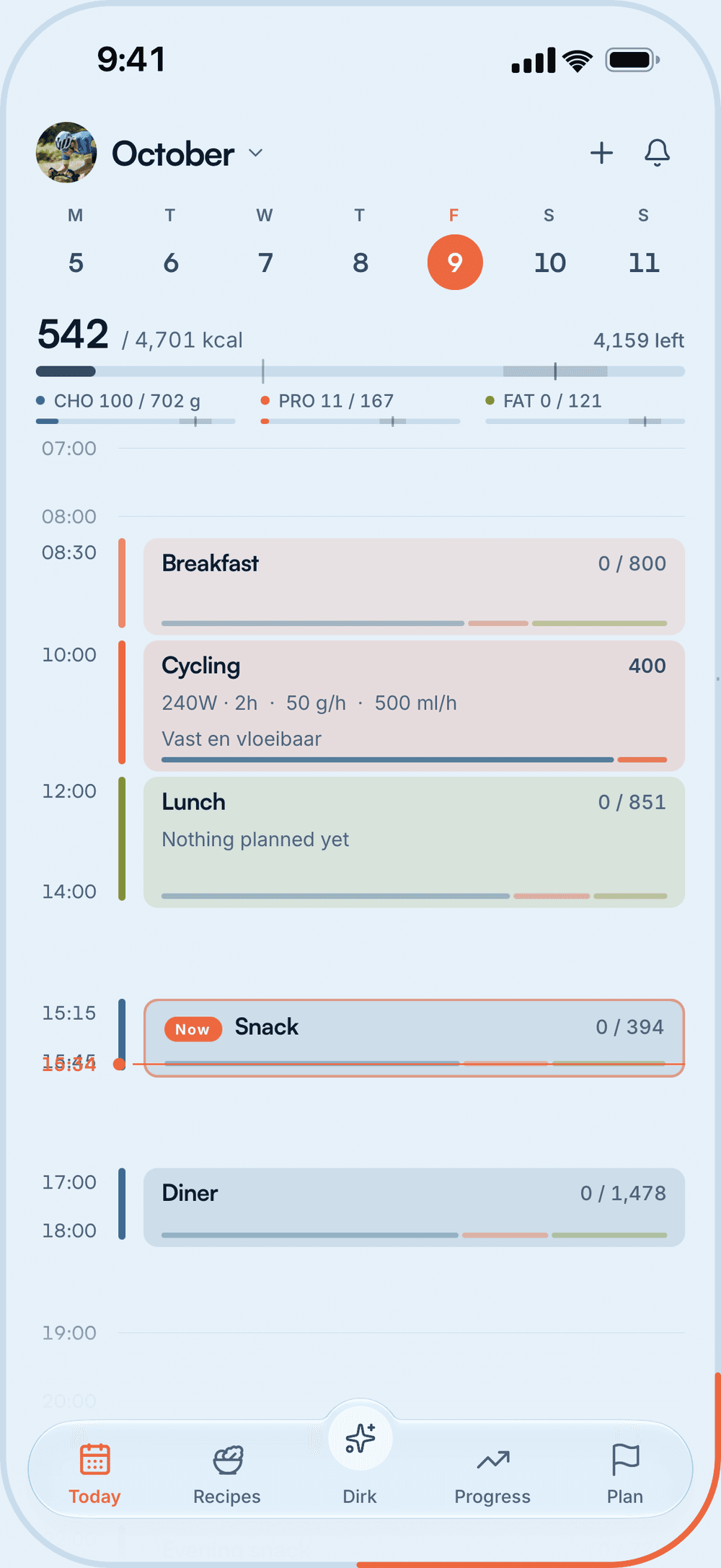 2fuel today view: 4,701 kcal, cycling 2 h at 240 W with 50 g of carbs per hour, and the meal moments around it