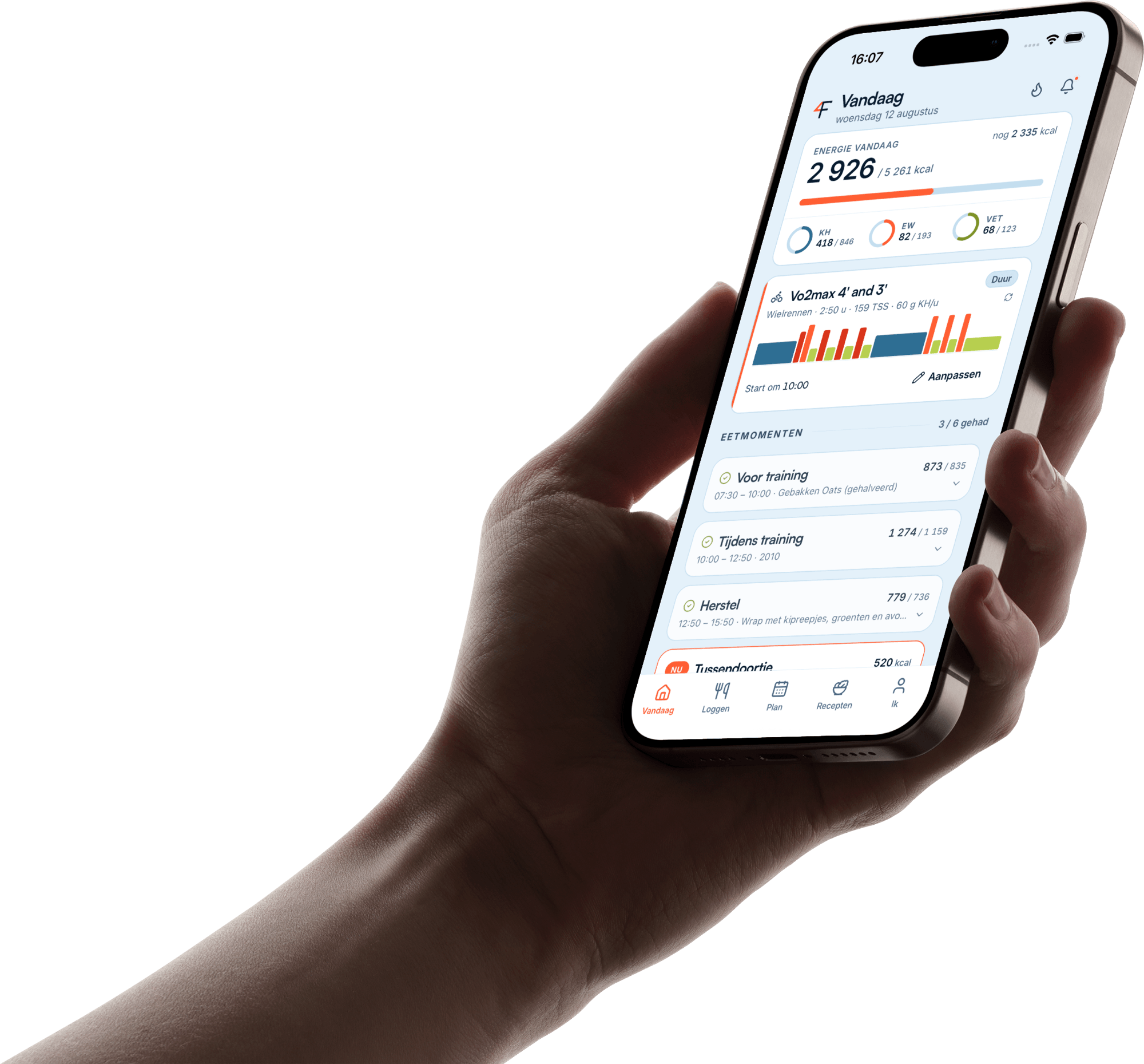 2fuel-app, dagoverzicht met energie, training en maaltijden